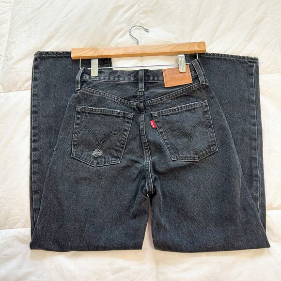 Levi’s Premium Ribcage Straight Ankle Jeans Black Distressed Size 24 High Rise - Picture 7 of 9
